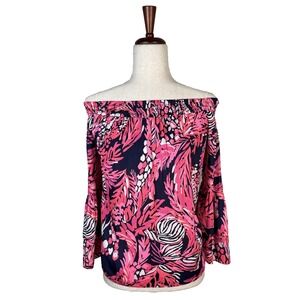 Lilly Pulitzer Off Shoulder Blouse Womens Small Navy Pink Floral Print Top‎ Boho